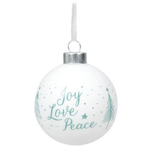 Christbaumkugel mit Motiv Joy Love Peace im modernen Design, weiß und graugrün