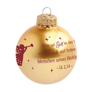 Goldene Weihnachtskugeln Glas mit rotem Druck "Ehre sei Gott in der Höhe"