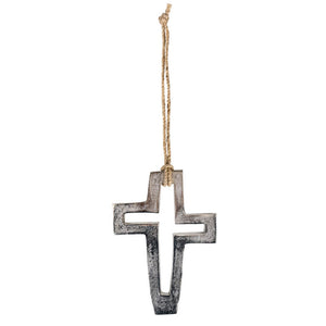 Kreuz zum Aufhängen modern aus silbernem Metall, asymmetrisch 19cm