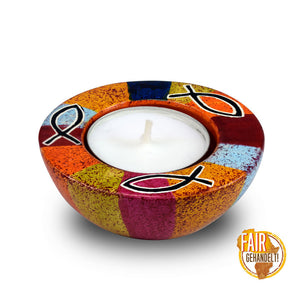 Speckstein Teelichthalter rund 7cm mit Ichthys Motiv bunt