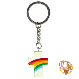 Regenbogen Kreuz Schlüsselanhänger aus Speckstein naturweiß 3cm