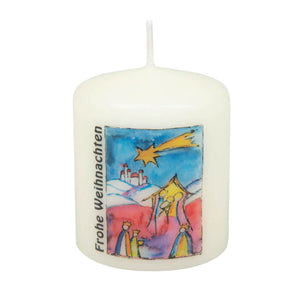 Weihnachtskerze mit Krippe "Frohe Weihnachten" 6cm hoch, elfenbein farbig bedruckt