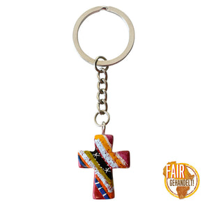 Schlüsselanhänger Kreuz aus Speckstein „African Colors“ 3 cm, handbemalt