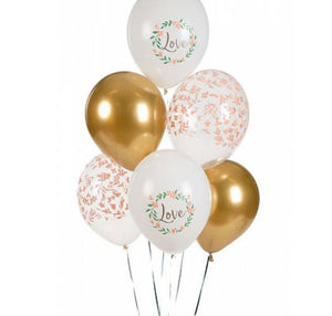Luftballons Vintage love & Blumen in weiß, gold, rosa 6Stk