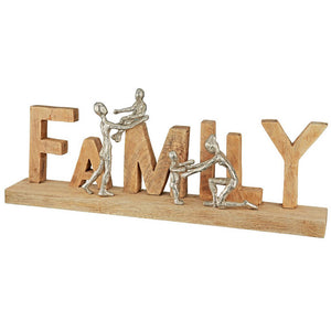 Schriftzug Family aus Holz mit silbernen Skulpturen 55cm
