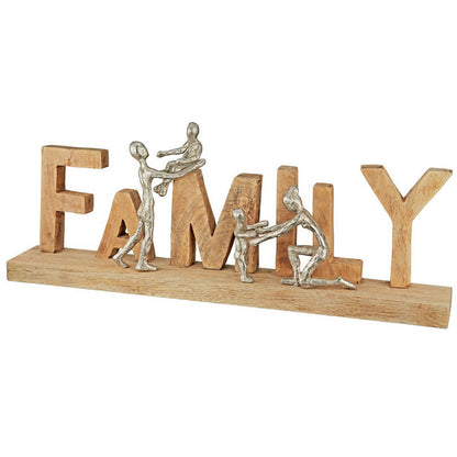 Schriftzug Family aus Holz mit silbernen Skulpturen 55cm