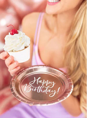 Pappteller Geburtstag "Happy Birthday" metallic 18cm 6Stk. rosegold