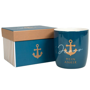 Tasse "Jesus Mein Anker" dunkelblau mit kupferfarbenen Metallic-Details