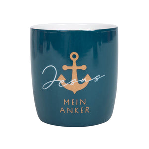 Tasse "Jesus Mein Anker" dunkelblau mit kupferfarbenen Metallic-Details