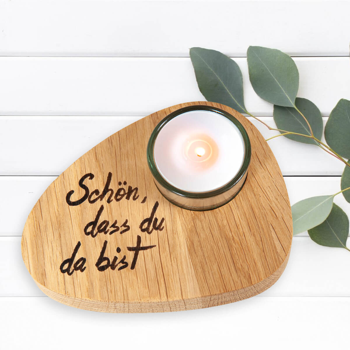 Teelichthalter aus Holz 12cm Schön dass du da bist Tischdeko