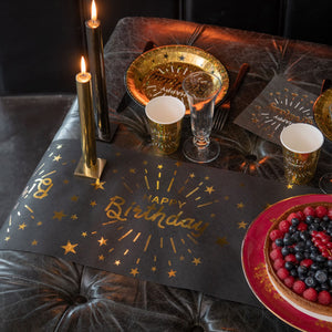 Tischläufer "Happy Birthday" 30cm x 5m golden schwarz | Geburtstagstischdeko