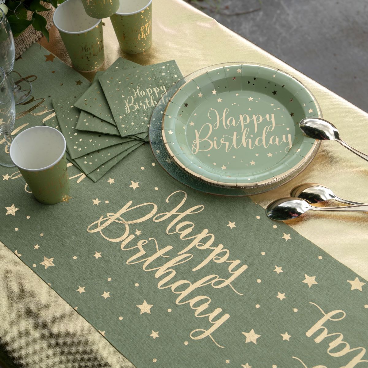 Tischläufer "Happy Birthday" 28cm x 3m golden olive