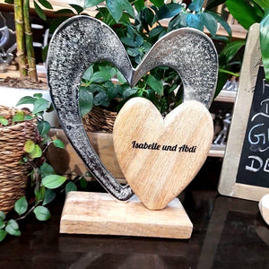personalisiertes großes Metallherz mit Herz aus Holz 26cm