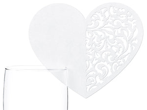 Glasrandkarten Herz 10er perlweiß mit Rankenornament