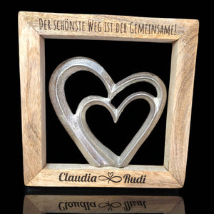 Wanddeko Metallherzen 20x20cm im gravierten Holzrahmen