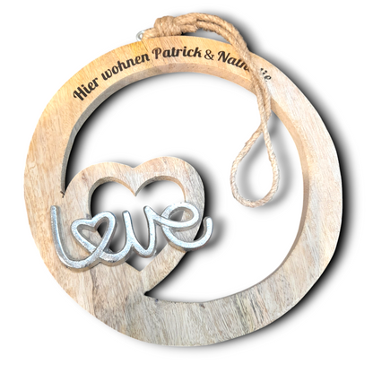 Wanddeko Holzkreis "Love" 22cm als Türschild oder Wanddeko mit Gravur