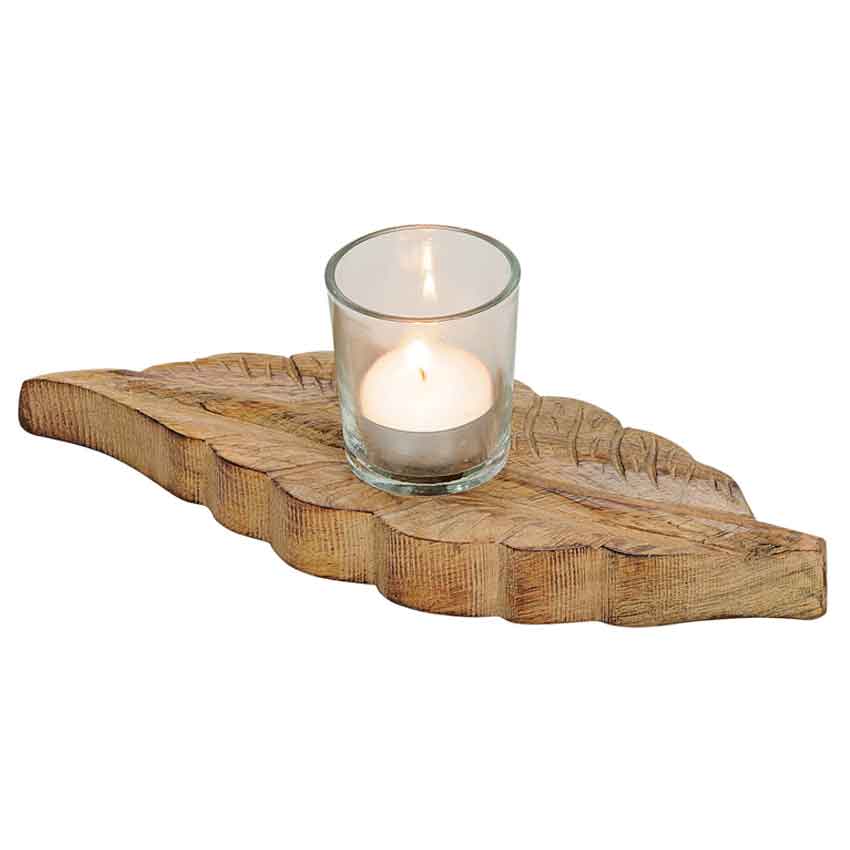 Windlicht Deko Teelichtglas auf Blatt aus Mangoholz