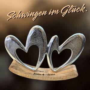Deko Schaukel zwei silberne Herzen auf Holz 19cm
