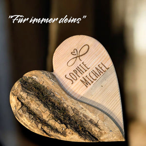 personalisiertes Holzherz mit Rinde 15cm - mit Gravur zur Hochzeit