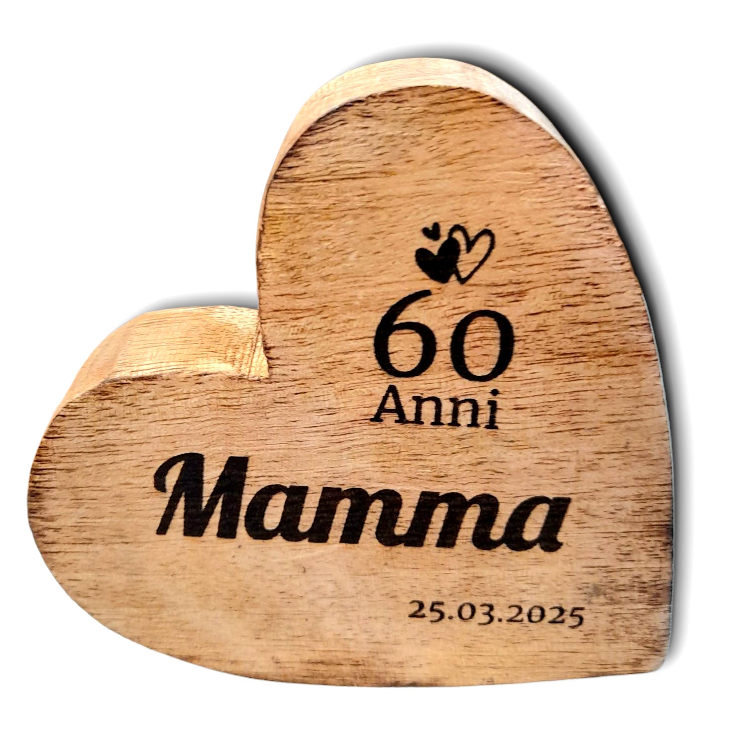 personalisiertes Herz aus Mangoholz 10cm - Deko zum Hinstellen