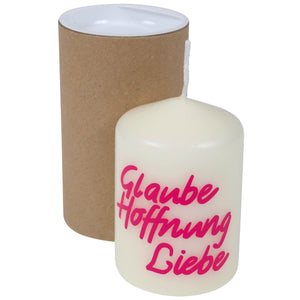 Kerze mit Text Glaube Hoffnung Liebe Spruchkerze Ø 6cm weiß pink
