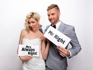 Foto-Requisite Lustige Karte "Mr. Right" und "Mrs. Always Right!"