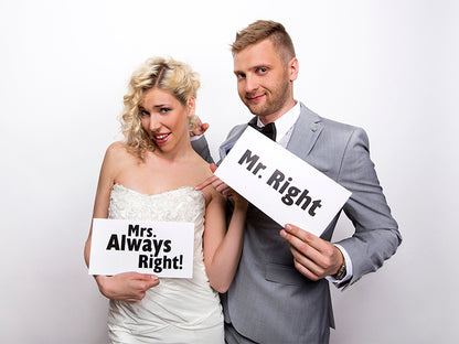 Foto-Requisite Lustige Karte "Mr. Right" und "Mrs. Always Right!"